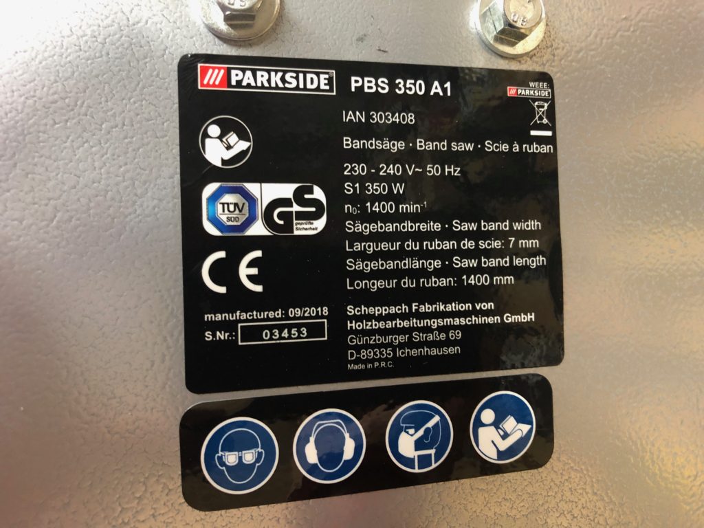 Pilarka taśmowa PARKSIDE PBS350A1 - tabliczka znamionowa